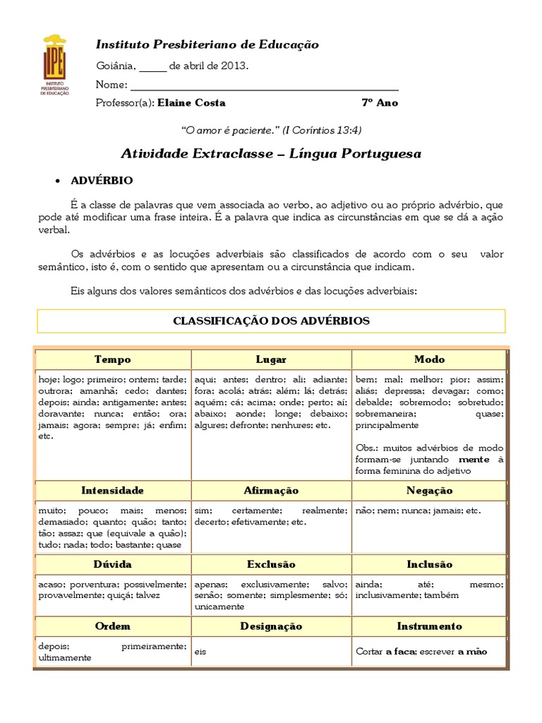 Advérbios e Locuções Adverbiais 7º Ano | PDF | Advérbio | Linguística
