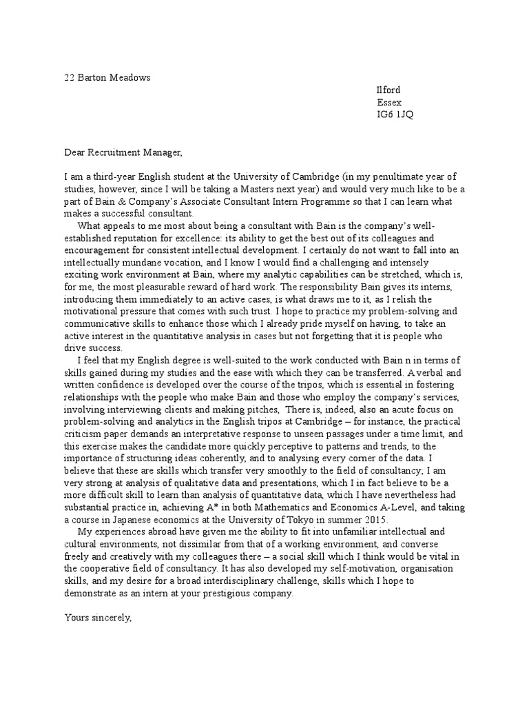 bain address cover letter