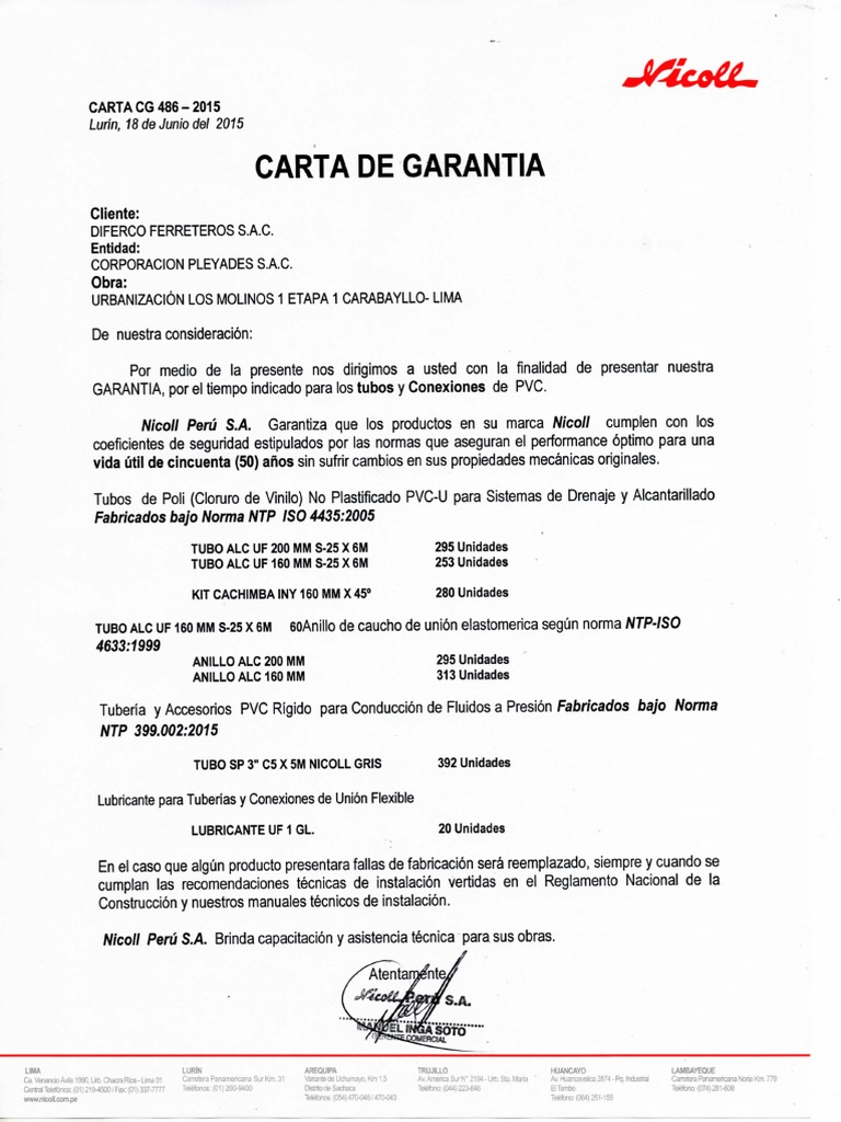 Carta de Garantia Tubos Proveedor Diferco Ferreterol  Química
