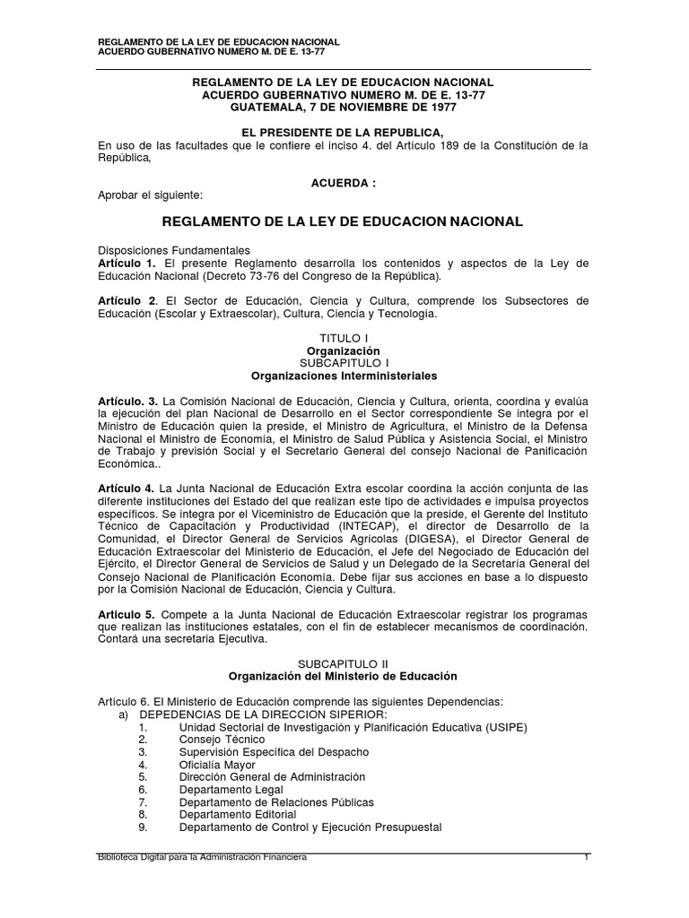 Reglamento de la ley de Educacion Nacional de Guatemala