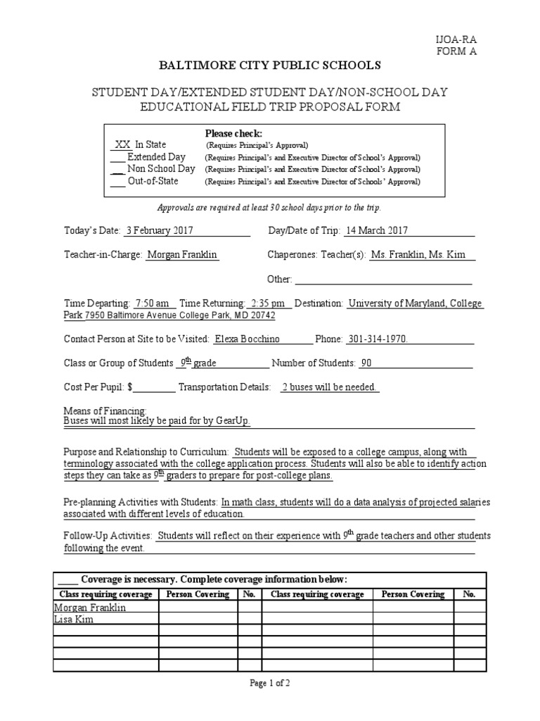 Field Trip Approval Form PDF Students Teachers