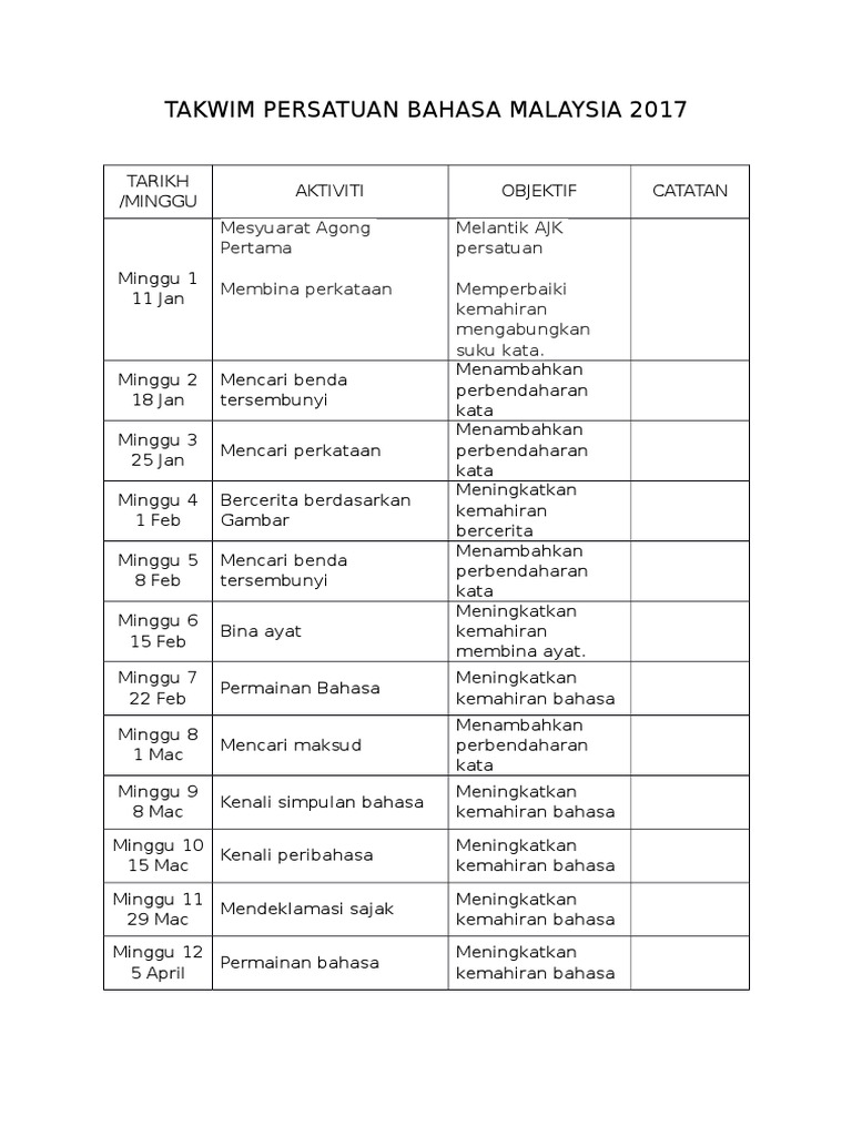 Takwim Persatuan Bahasa Malaysia 2017 Pdf