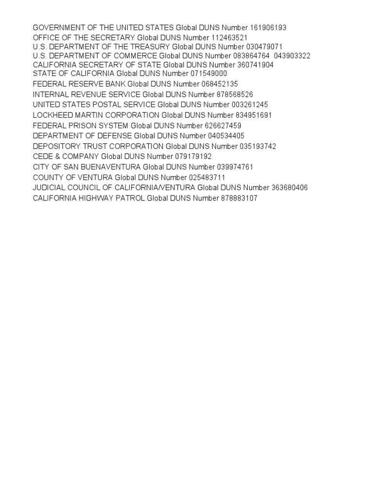 A Compilation of Global DUNS Numbers for Various Government Agencies