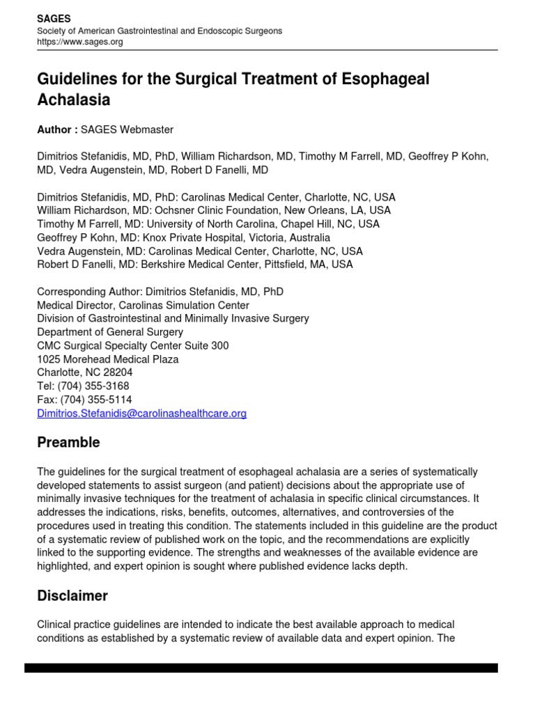 Guidelines for the Surgical Treatment of Esophageal Achalasia ...
