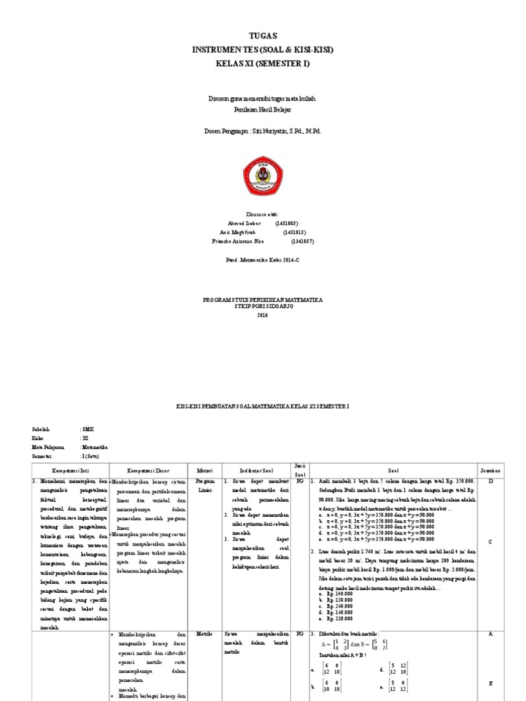 Contoh Format Kisi-kisi Soal matematika