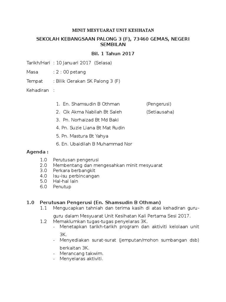 Minit Mesyuarat Unit Kesihatan
