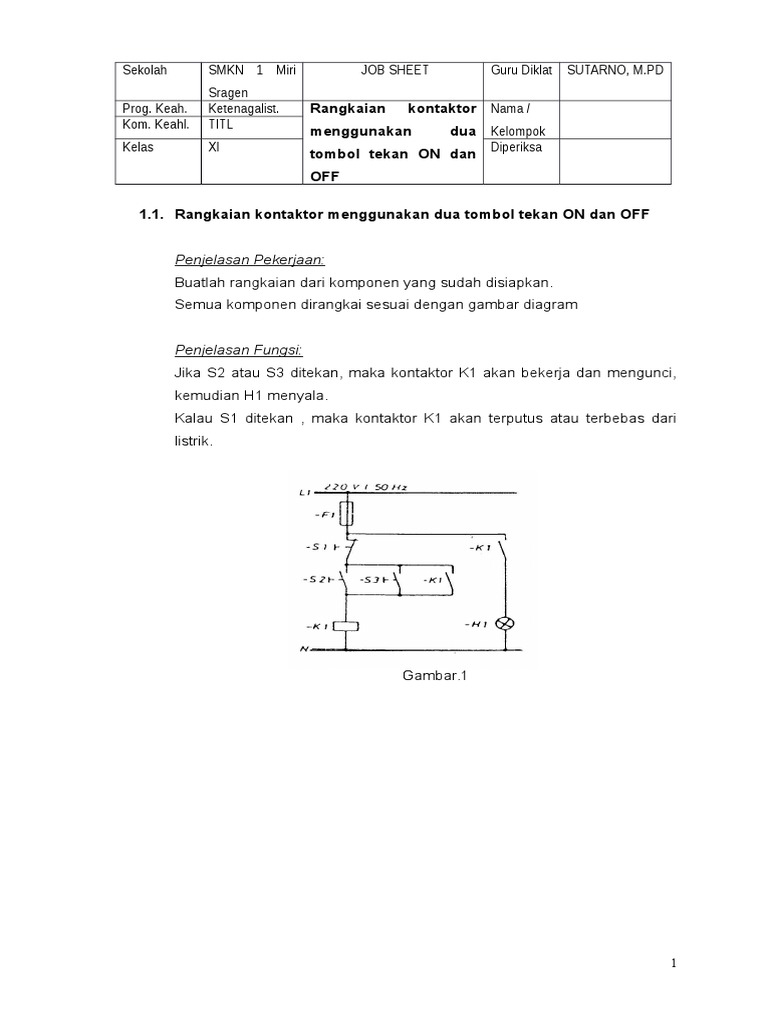 1 - Rangkaian Kontaktor Menggunakan Dua Tombol Tekan On Dan OFF | PDF