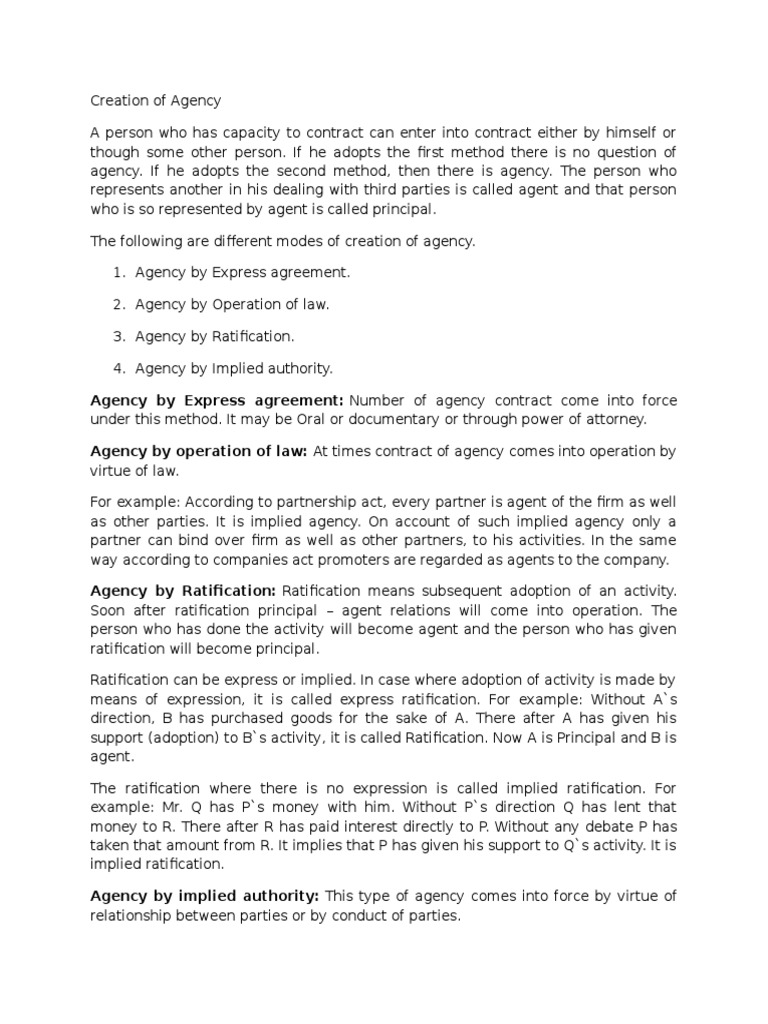 Creation Of Agency Pdf Law Of Agency Common Law