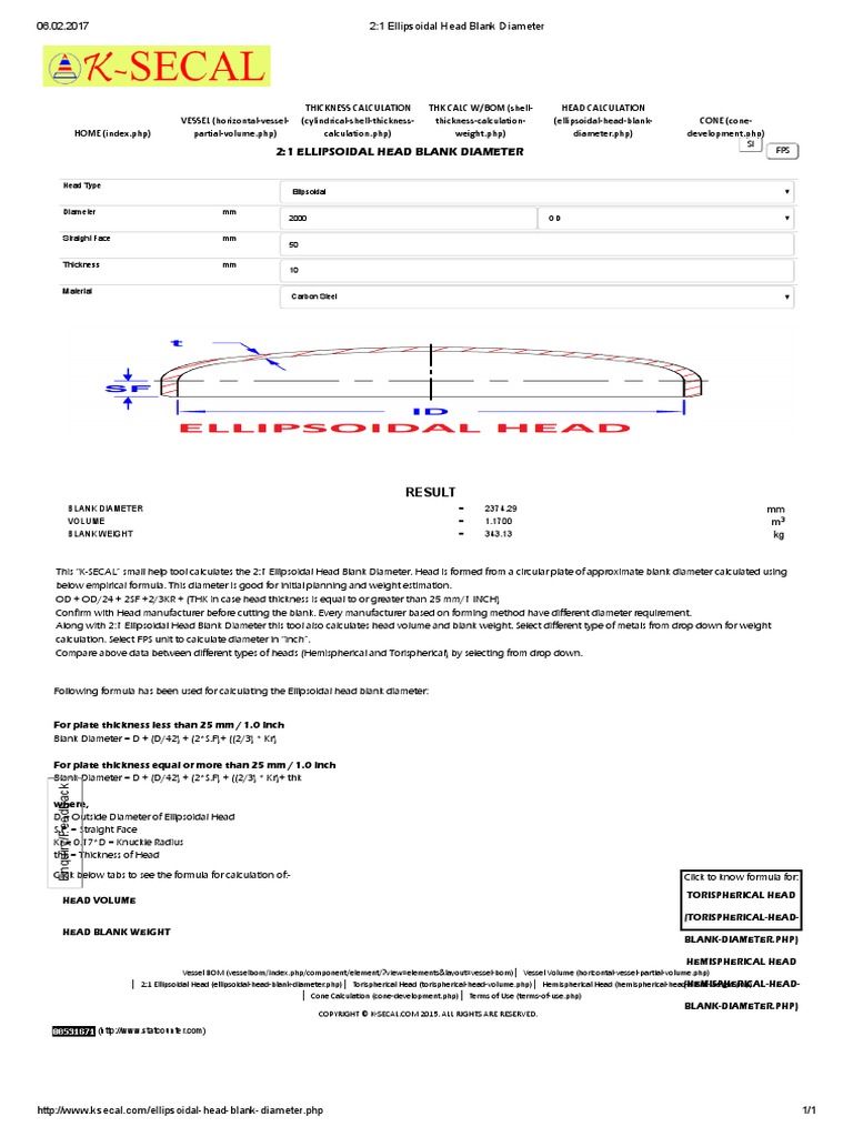 2_1 Ellipsoidal Head Blank Diameter Volume Sphere