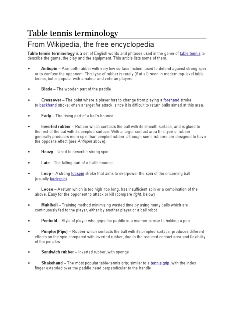 Table Tennis Terminology PDF Table Tennis Racquet Sports