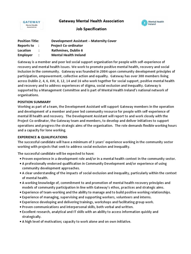 Gateway Development Assistant Maternity Cover Job Spec Jan 2017 Recovery Approach Mental Health