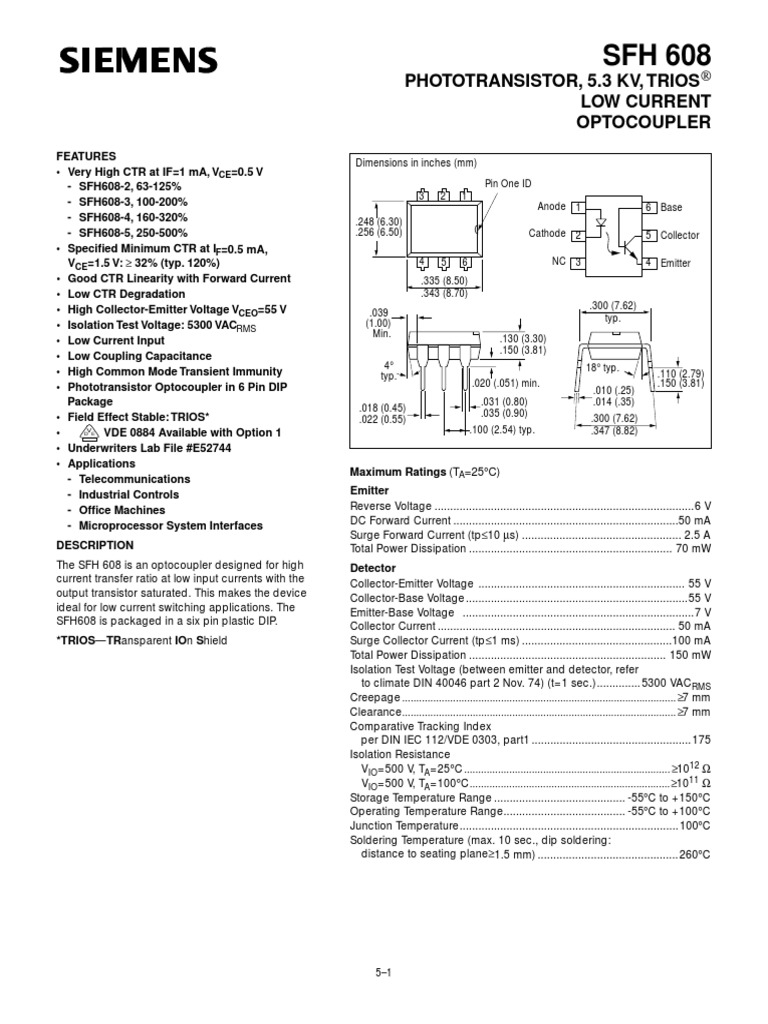 Datasheet SFH 608 Low Current Optocoupler PDF Electrical Components