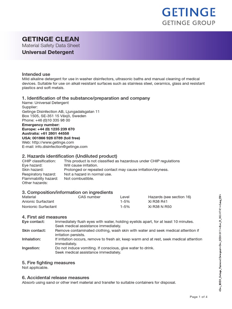 MSDS Universal Detergent Getinge Clean Personal Protective Equipment