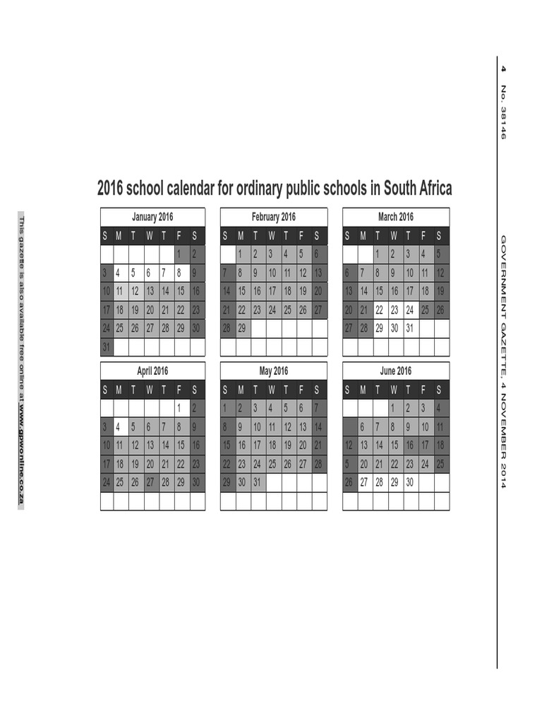 2016 School Calendar For Ordinary Public Schools in South Africa | PDF ...