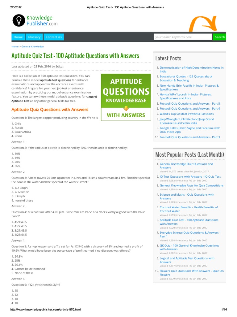 Aptitude Quiz Test - 100 Aptitude Questions With Answers | PDF | Odds ...