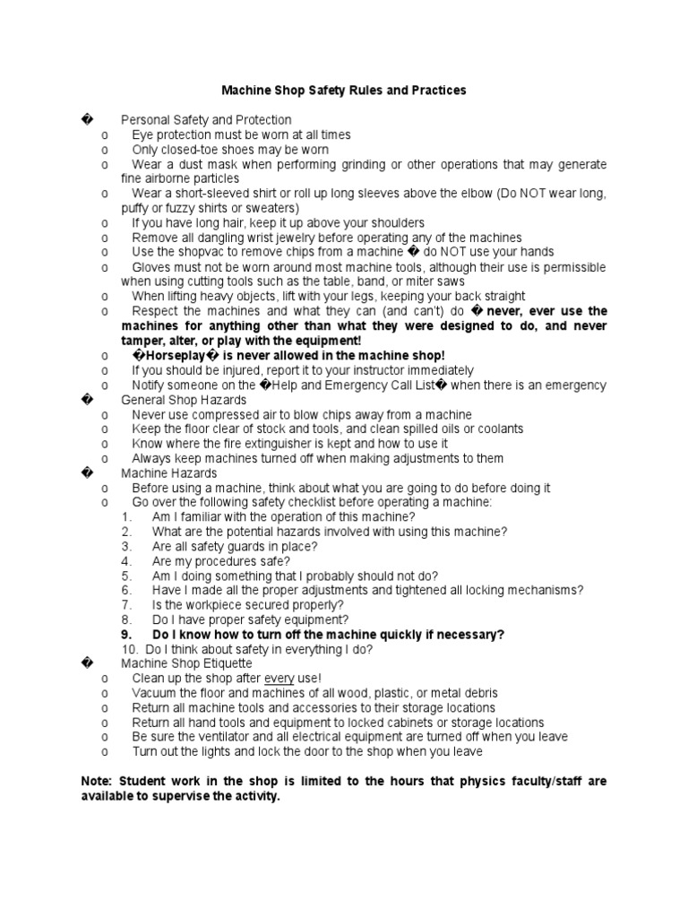 Machine Shop Safety Rules and Practices1 PDF Belt (Mechanical) Machining