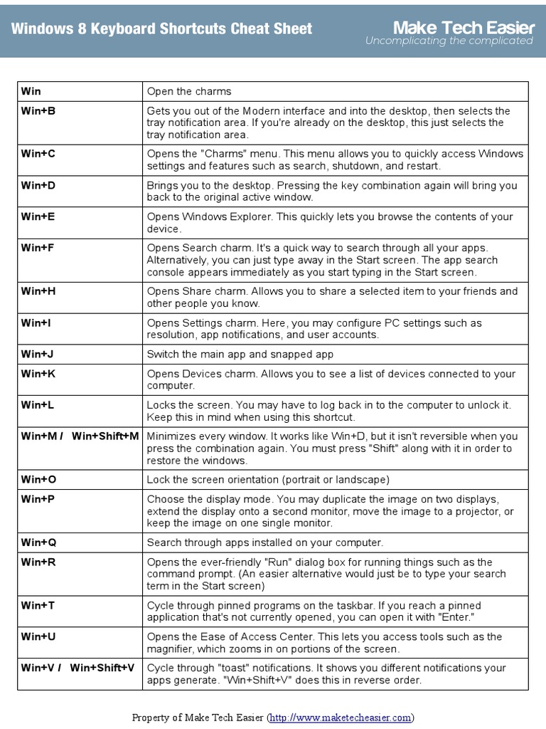 Windows 8 Keyboard Shortcuts Cheat Sheet.pdf Ibm Pc Compatibles