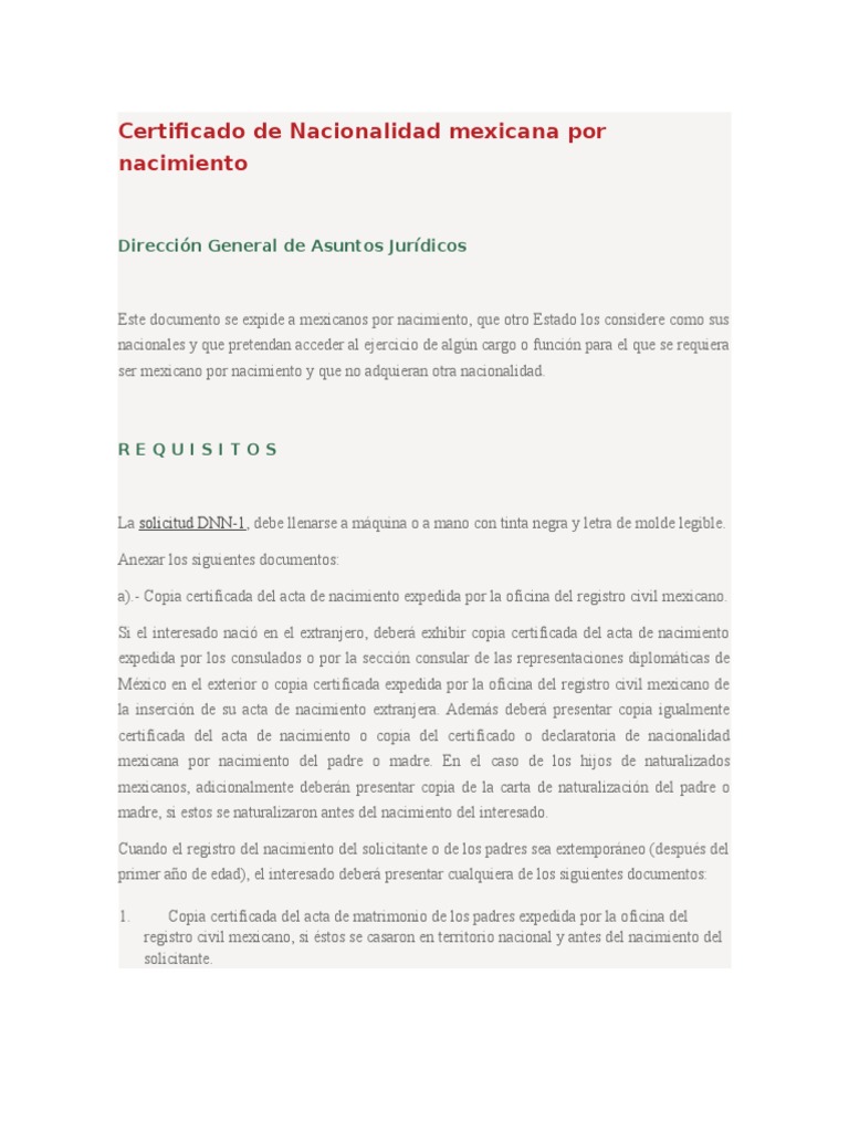 Certificado de Nacionalidad Mexicana Por Nacimiento
