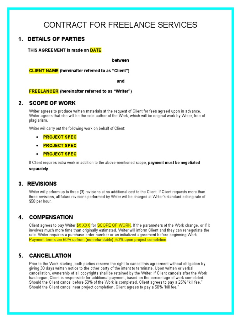 Freelancing Contract Revised Template  PDF  Freelancer  Payments Intended For freelance writer agreement template