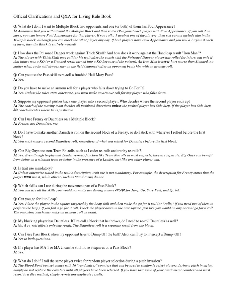 Blood Bowl 4th Ed Living Rulebook 3 Q&A PDF Touchdown American Football