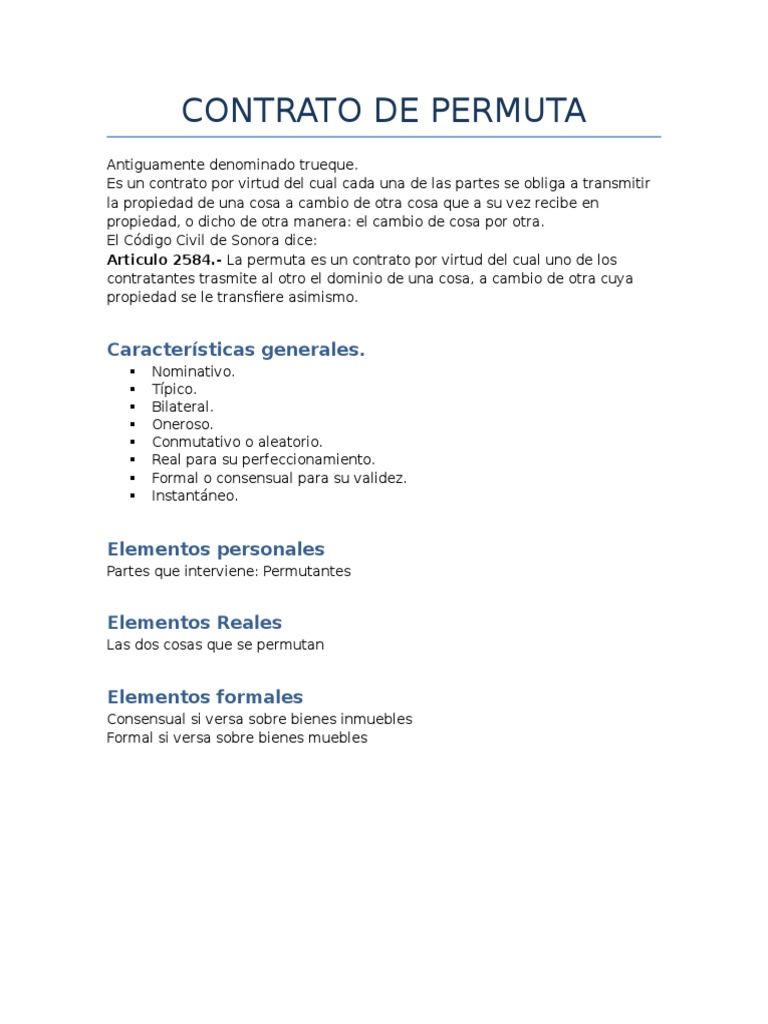 Características del Contrato de Permuta | PDF | Propiedad | Justicia