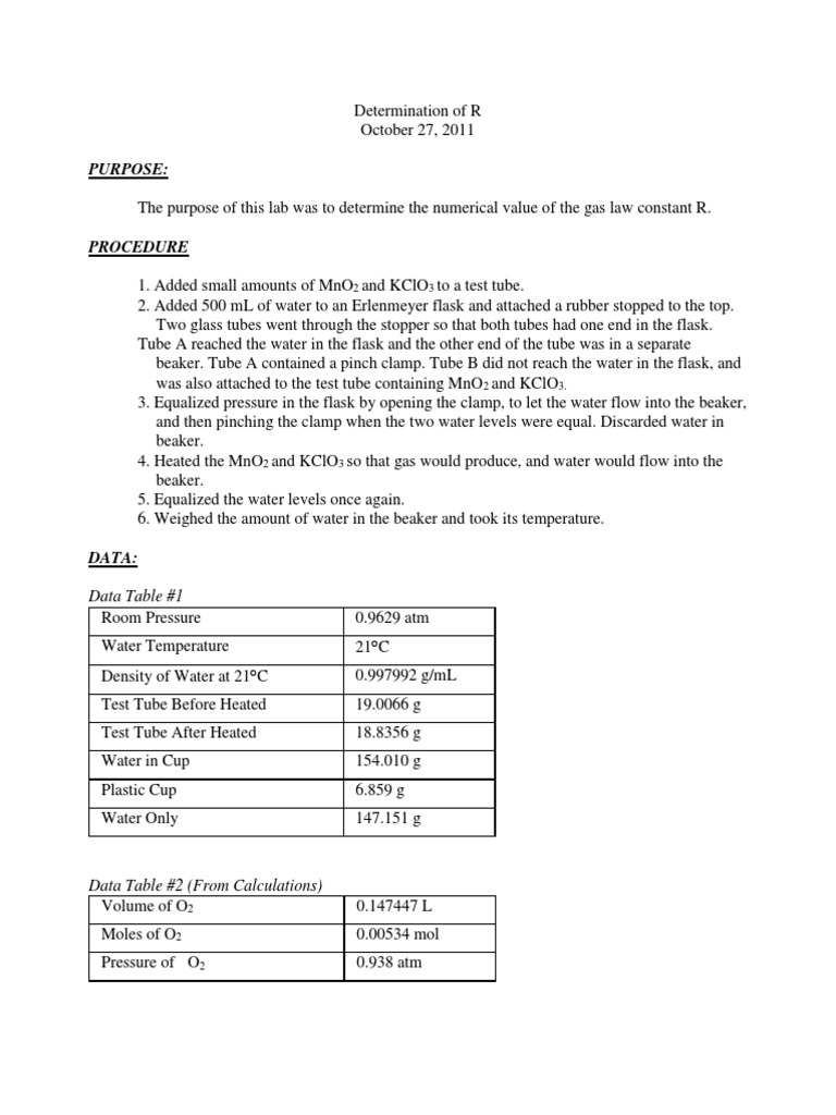Determination of R - Lab Report Example | PDF | Gases | Mole (Unit)