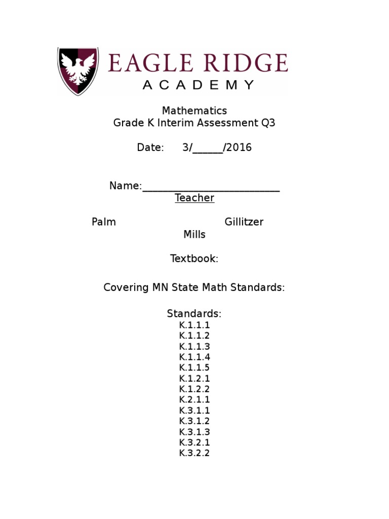 Mathematics Grade K Interim Assessment Q3 Date: 3/ - /2016 | PDF ...