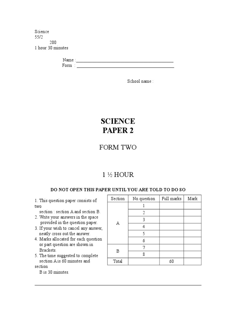 Form 2 Science Exam Paper 2 | PDF
