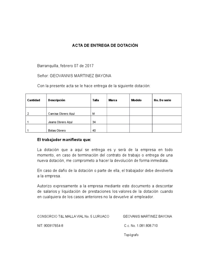 125945690 Modelo Acta de Entrega de Dotacion de Equipo  Informática y