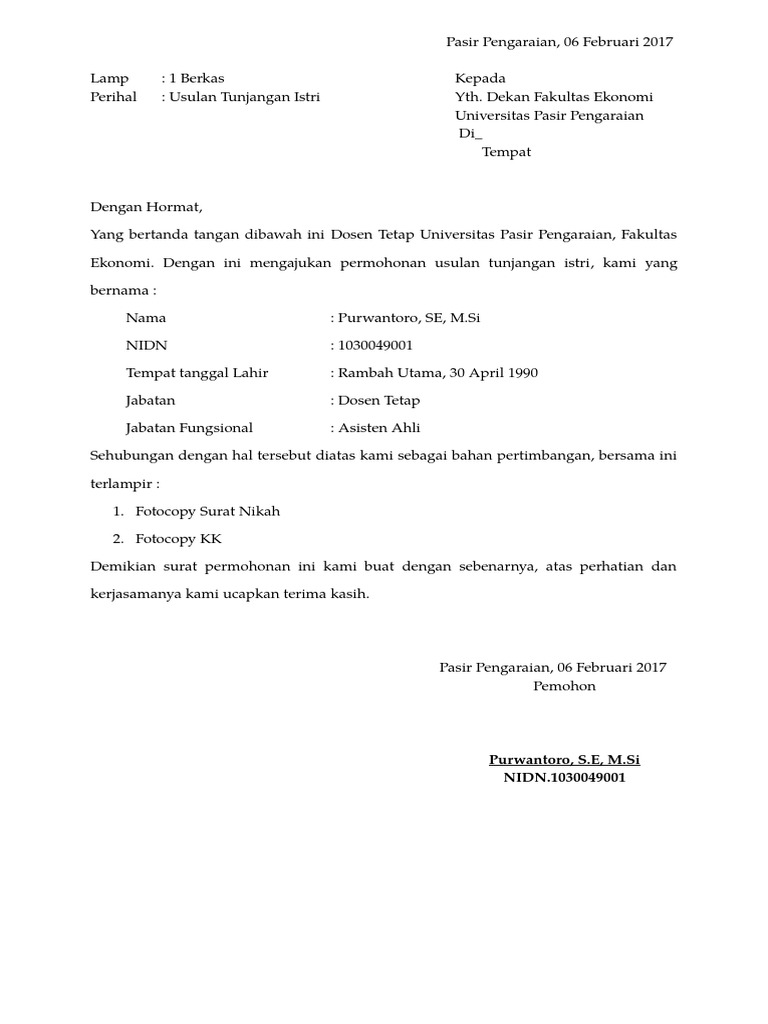 Contoh Surat Pengajuan Tunjangan Istri