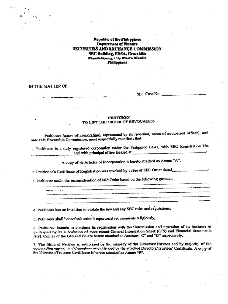 Form SEC Petition For Lifting Revocation PDF