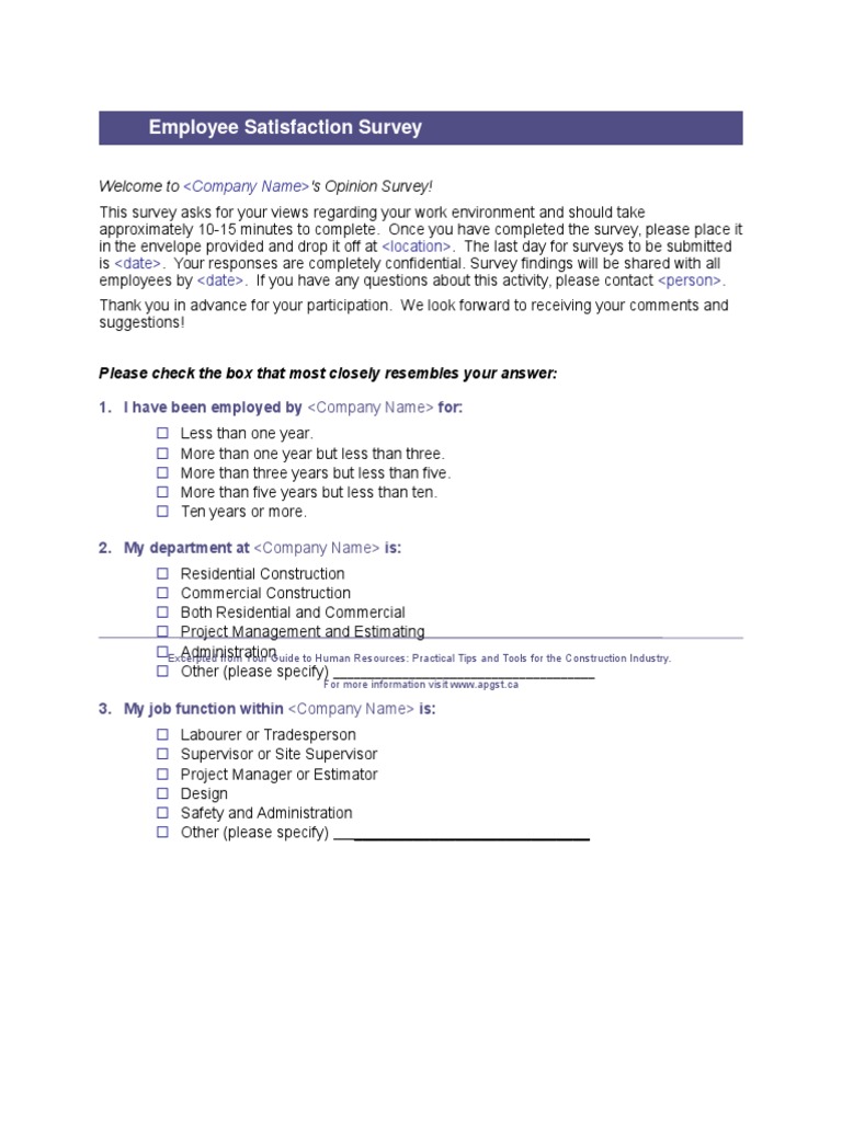 Employee Satisfaction Survey Template | PDF | Supervisor | Employment