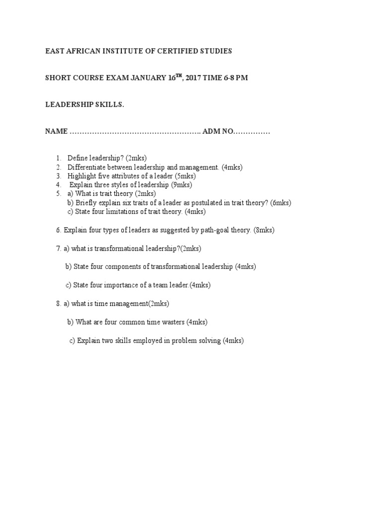 Leadership Skills Short Course Exam | PDF