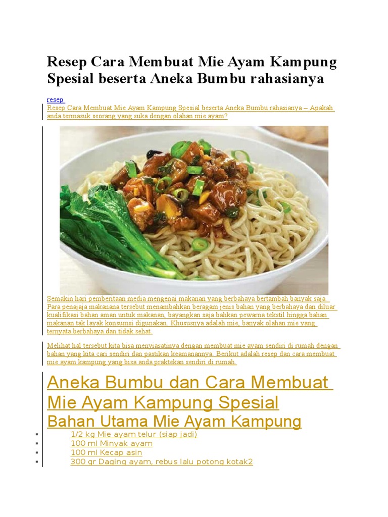 Resep Cara Membuat Mie Ayam Kampung Spesial Beserta Aneka