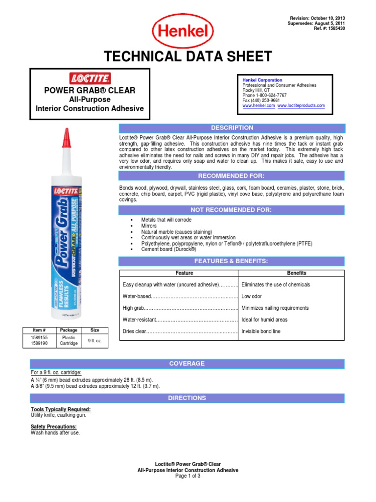 Loctite Data Sheet PDF Adhesive Drywall