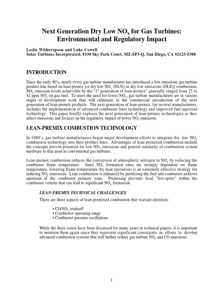 Next Generation Dry Low NOx For Gas Turbines PDF Gas Turbine Fuel