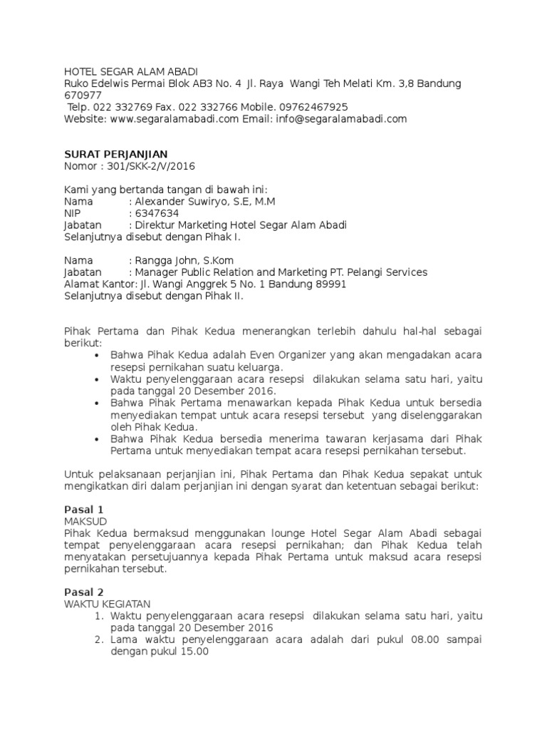 Contoh Surat Perjanjian Kerjasama Hotel Dengan Event Anizer