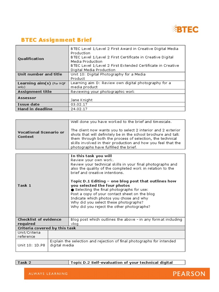 BTEC Photography Assignment Overview | PDF | Photograph | Digital ...