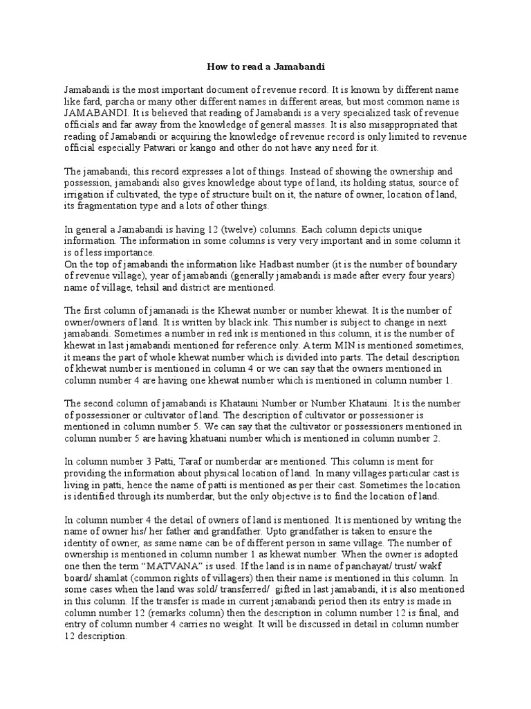 How To Read A Jamabandi PDF Ownership Law And Economics