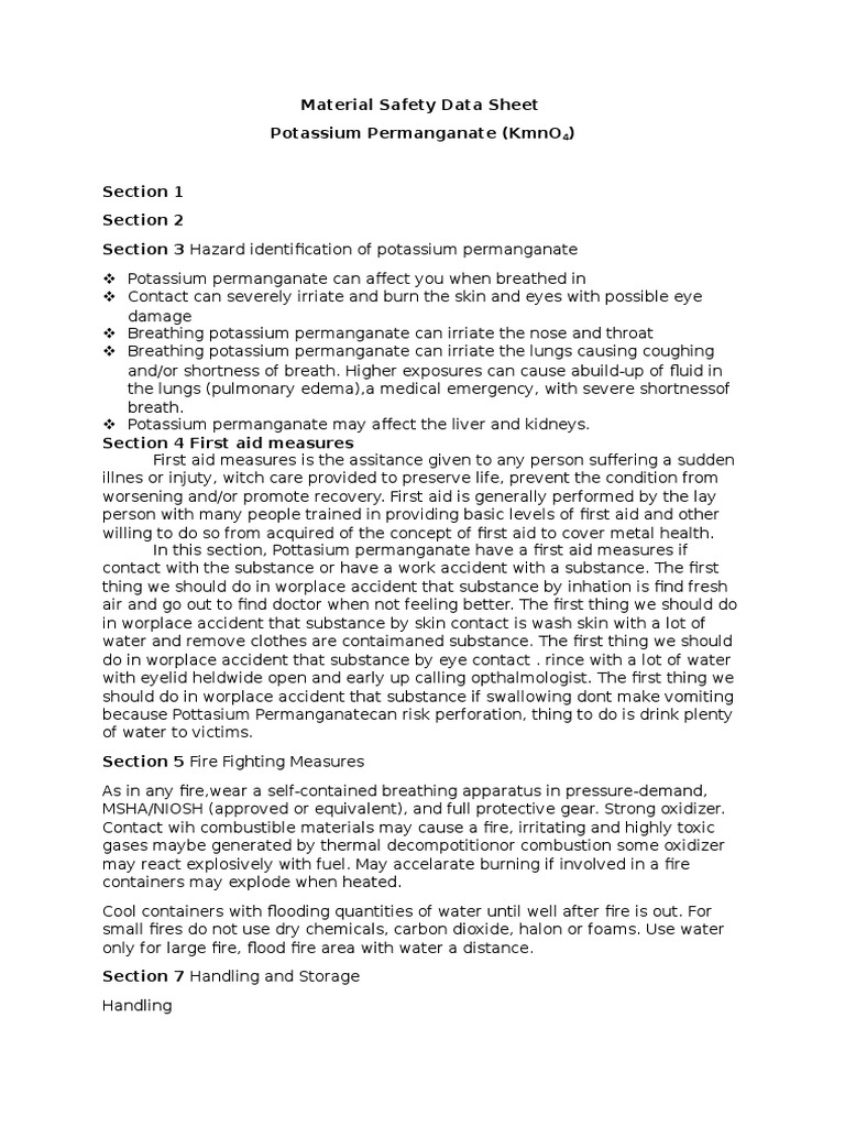 Material Safety Data Sheet Potassium Permanganate (Kmno) PDF Fires