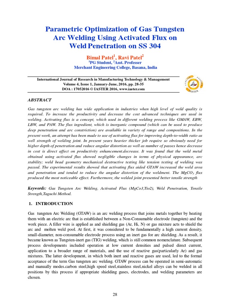 Parametric Optimization of Gas Tungsten Arc Welding Using Activated ...
