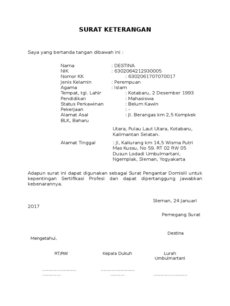 Contoh Surat Keterangan Domisili : Perijinan Usaha: DOMISILI - Contoh