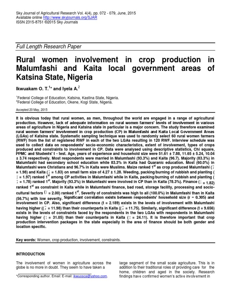 Involvement of Rural Women in Crop Production in Malumfashi and Kaita ...