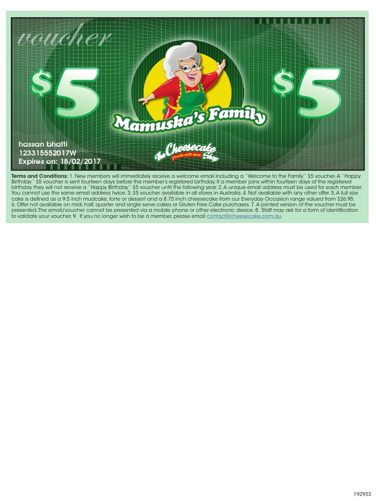 The Cheesecake Shop Voucher PDF