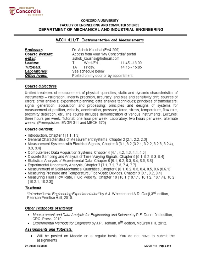 MECH 411 Course Outline - Fall 2016 PDF | PDF | Laboratories | Engineering
