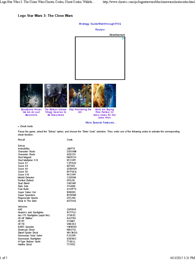 Lego Star Wars 3 The Clone Wars Cheats Codes Cheat Codes Walkthrough Guide Faq Unlockables For Pc Pdf Obi Wan Kenobi Darth Vader