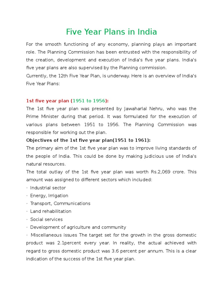 Overview of India's Five Year Plans | PDF | Finance & Money Management