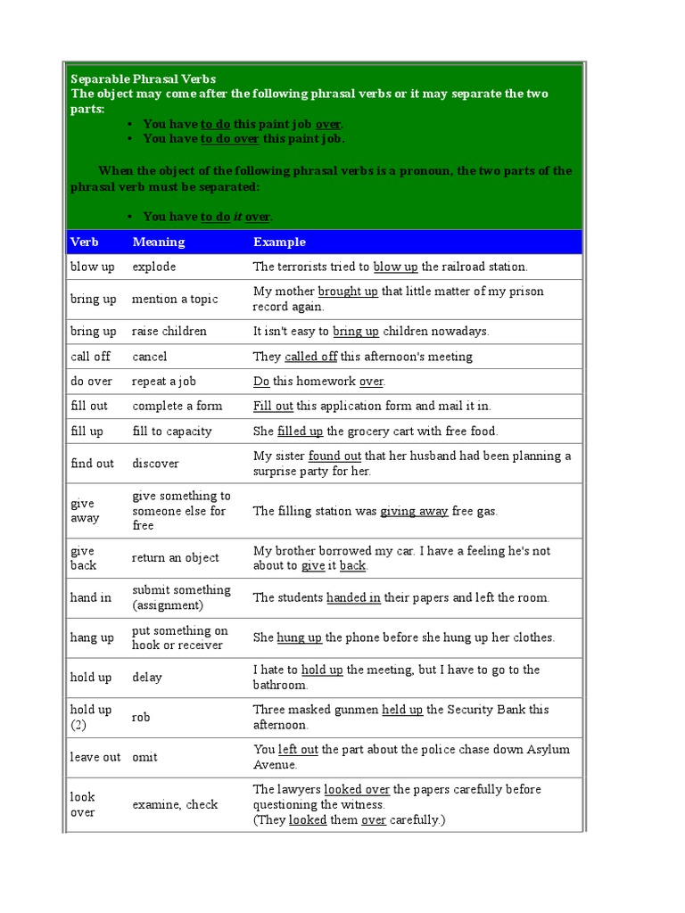 Phrasal Verbs Separable And Unseparable Ones Pdf Style Fiction