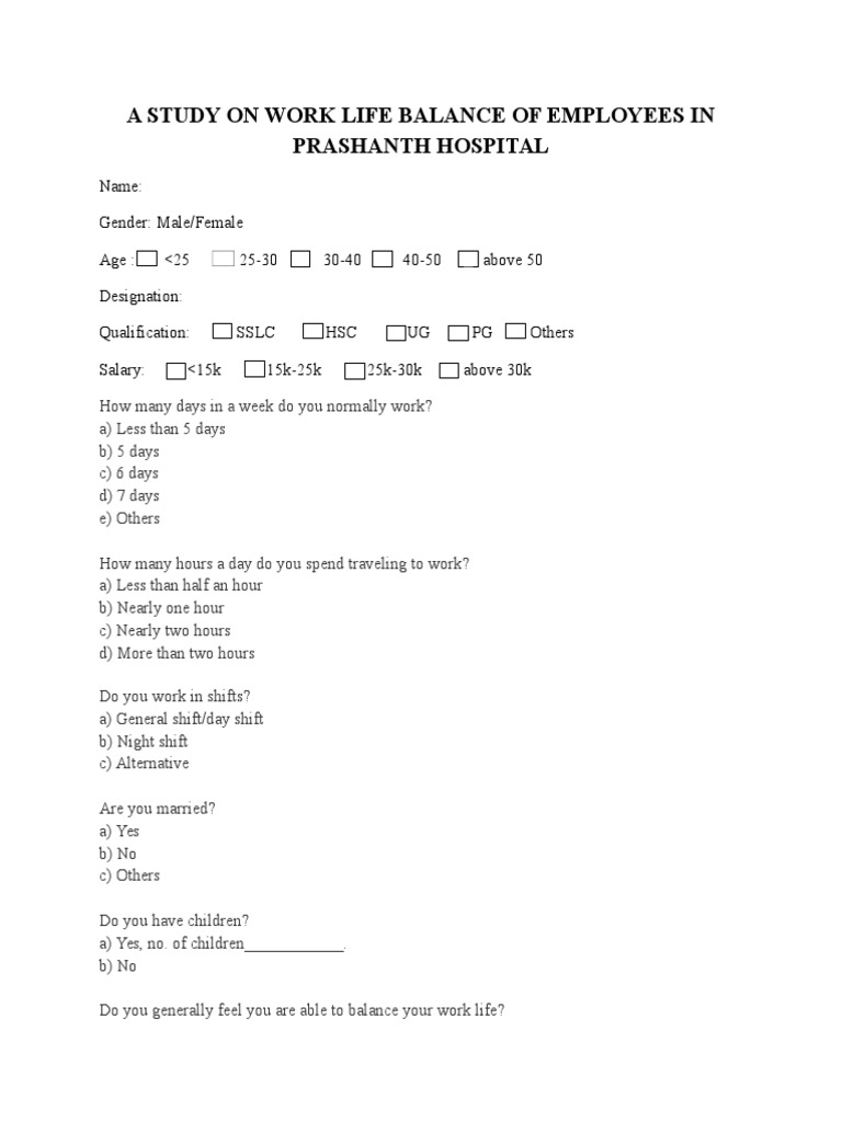 A Study On Work Life Balance of Employees in Prashanth Hospital | PDF ...