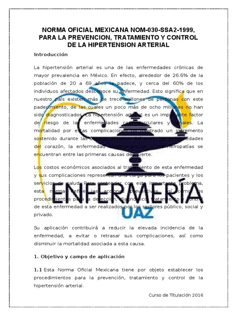 Nom030Ssa21999 Para La Prevencion, TX y Control de La